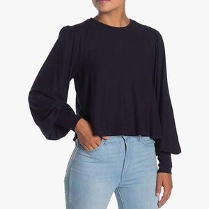 Free People Navy Ribbed Blouson Long Sleeve Shirt